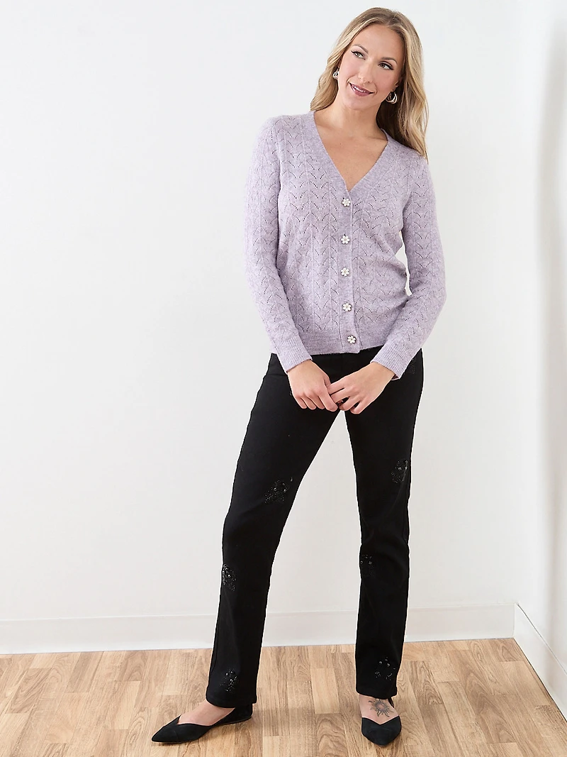 Pointelle Knit Flower-Button Cardigan