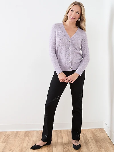 Pointelle Knit Flower-Button Cardigan