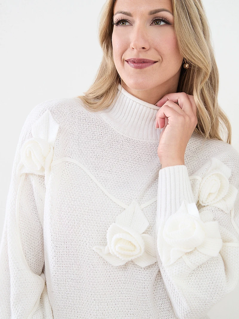 Rose Applique Mock Neck Sweater