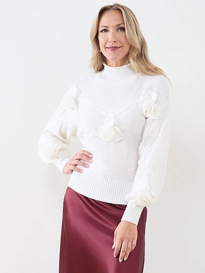 Rose Applique Mock Neck Sweater