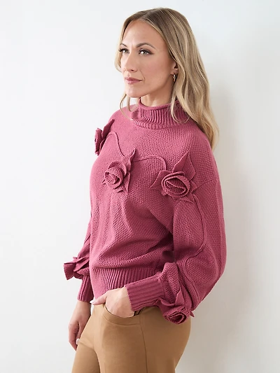 Rose Appliqué Mockneck Sweater