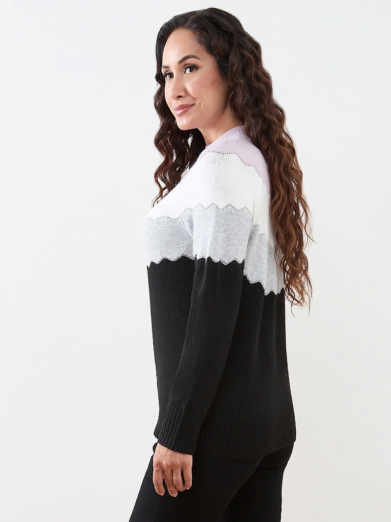 Scalloped Stripe Mock Neck Pullover