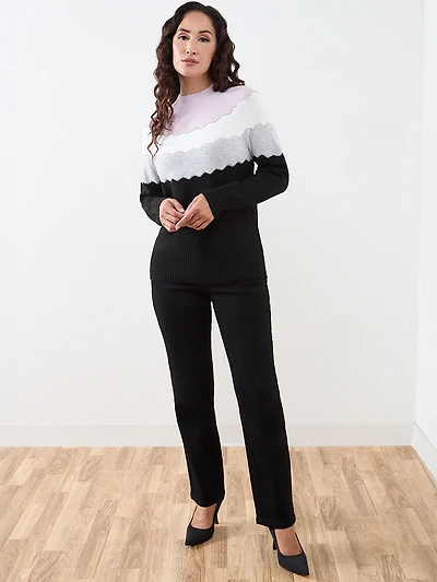 Scalloped Stripe Mock Neck Pullover