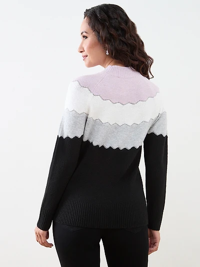 Scalloped Stripe Mock Neck Pullover