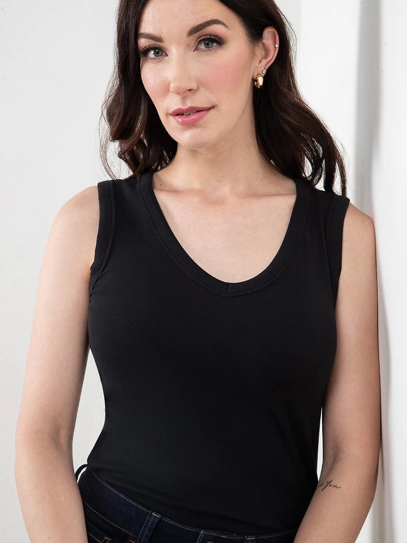 Stretch Cotton Black V-Neck Tank