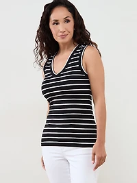 Stretch Cotton V-Neck Tank in Black Stripe