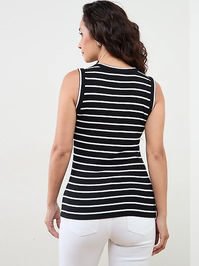 Stretch Cotton V-Neck Tank in Black Stripe