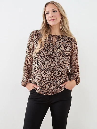 Tie Front Ruffle-Trim-Shoulder Blouse