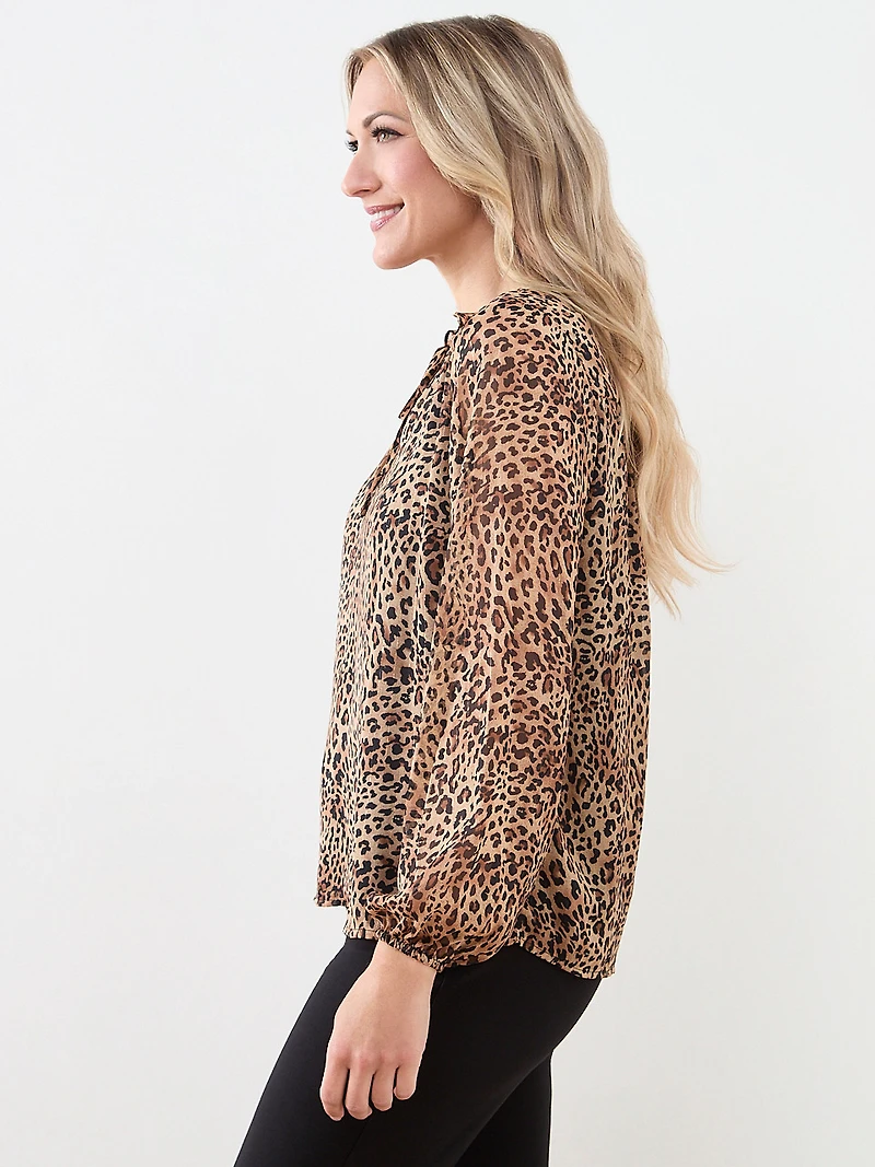 Tie Front Ruffle-Trim-Shoulder Blouse