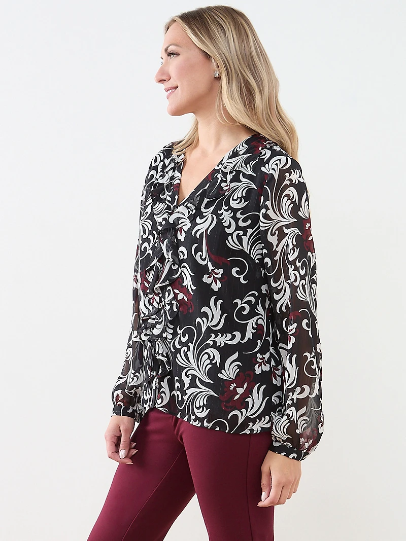 V-Neck Ruffle Front Blouse