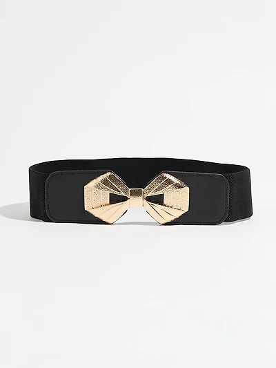 Black Stretch Belt with Gold Bow Buckle