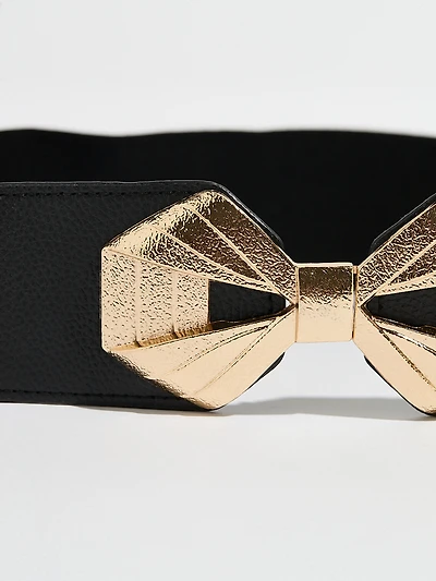 Black Stretch Belt with Gold Bow Buckle