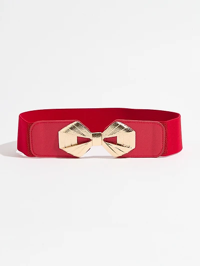 Deep Ruby Stretch Belt with Gold Bow Buckle
