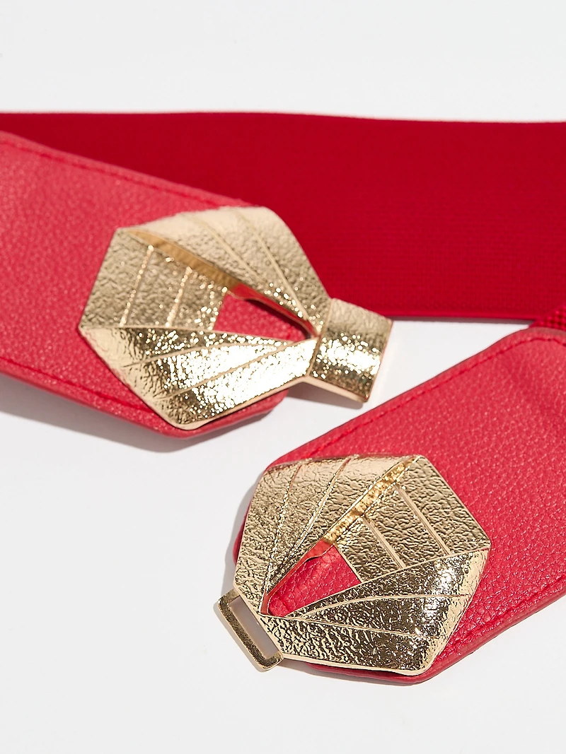 Deep Ruby Stretch Belt with Gold Bow Buckle