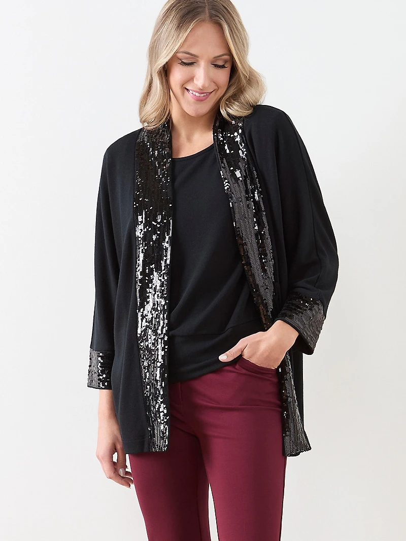 3/4 Sleeve Sequin Trim Cardigan