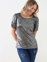 Foil Print Top with Ruched Elbow Sleeves