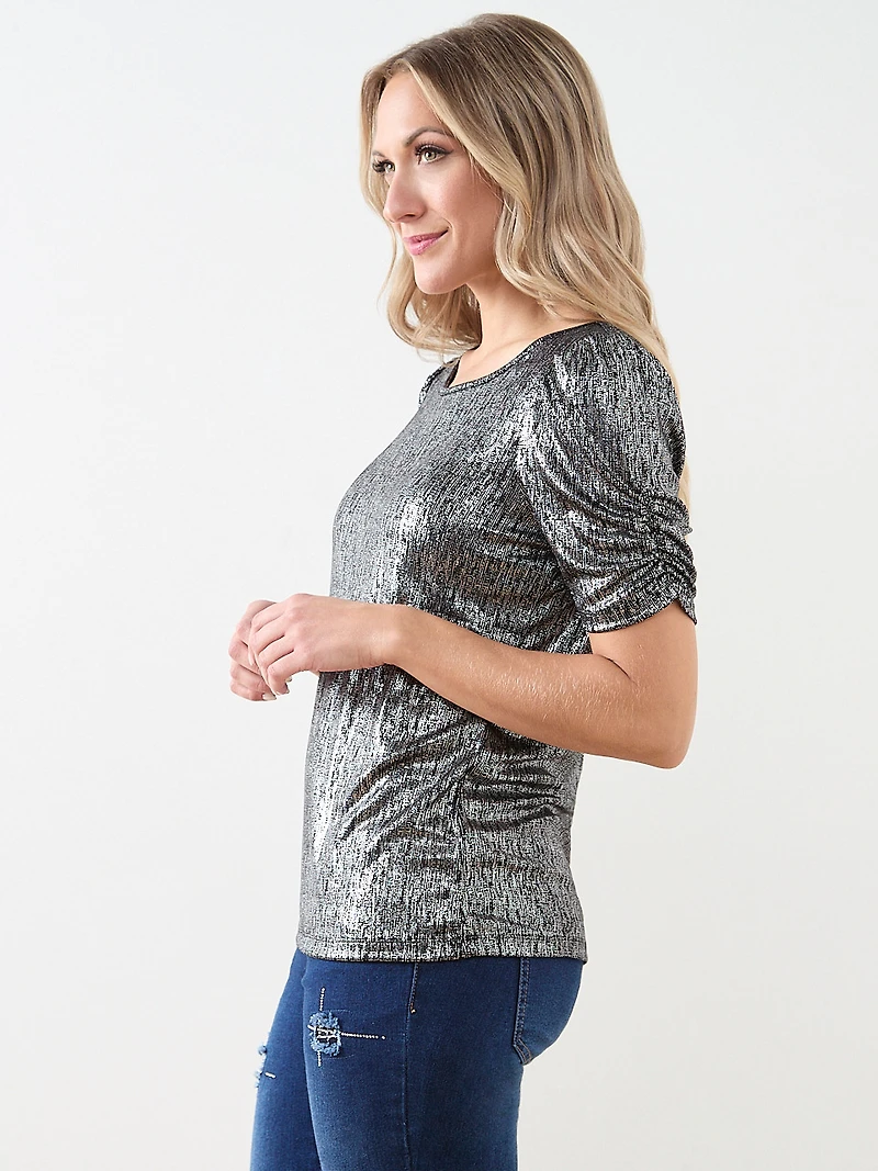 Foil Print Top with Ruched Elbow Sleeves