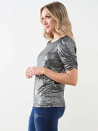 Foil Print Top with Ruched Elbow Sleeves