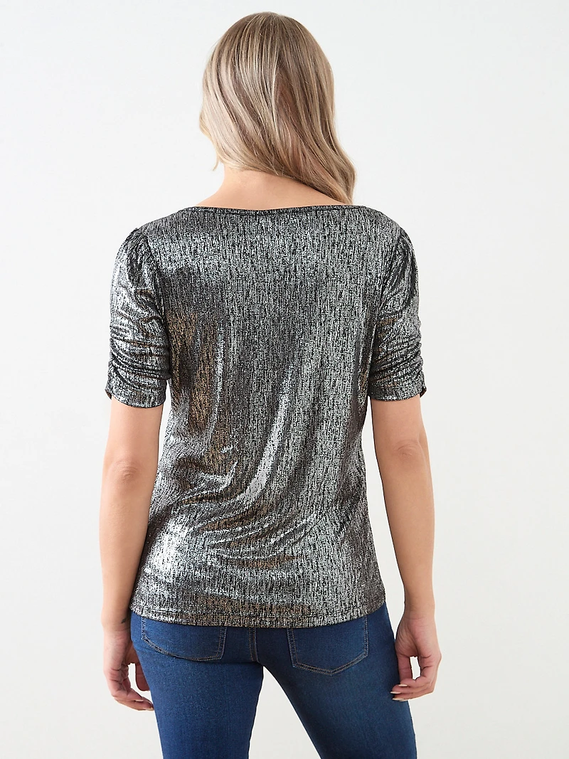 Foil Print Top with Ruched Elbow Sleeves