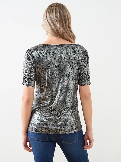 Foil Print Top with Ruched Elbow Sleeves