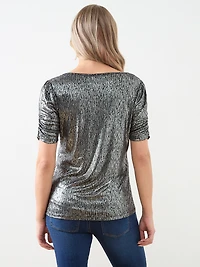 Foil Print Top with Ruched Elbow Sleeves