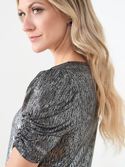 Foil Print Top with Ruched Elbow Sleeves