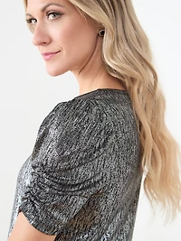 Foil Print Top with Ruched Elbow Sleeves