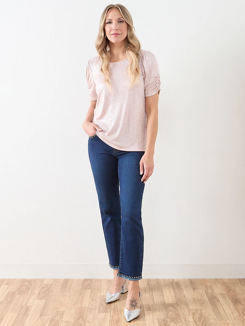 Foil-Print Top with Ruched Elbow Sleeves