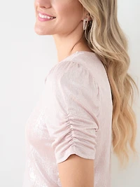 Foil-Print Top with Ruched Elbow Sleeves