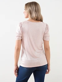 Foil-Print Top with Ruched Elbow Sleeves