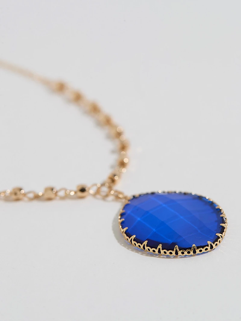 Long Gold Necklace with Cobalt Pendant