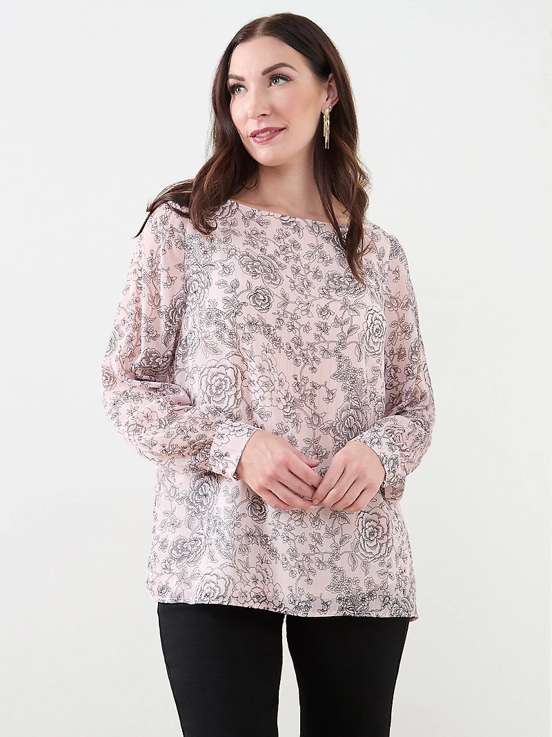 Long Sleeve Button-Cuff Chiffon Blouse