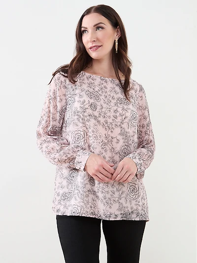 Long Sleeve Button-Cuff Chiffon Blouse