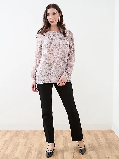 Long Sleeve Button-Cuff Chiffon Blouse