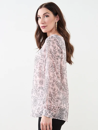 Long Sleeve Button-Cuff Chiffon Blouse
