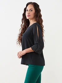 Petite 3/4 Sleeve Stud Detail Relaxed Fit Blouse