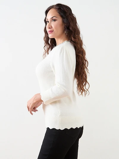 Petite 3/4 Sleeve Jeweled Pullover