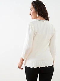 Petite 3/4 Sleeve Jeweled Pullover