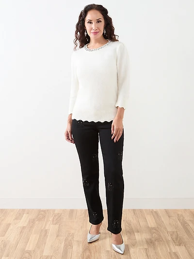 Petite 3/4 Sleeve Jeweled Pullover