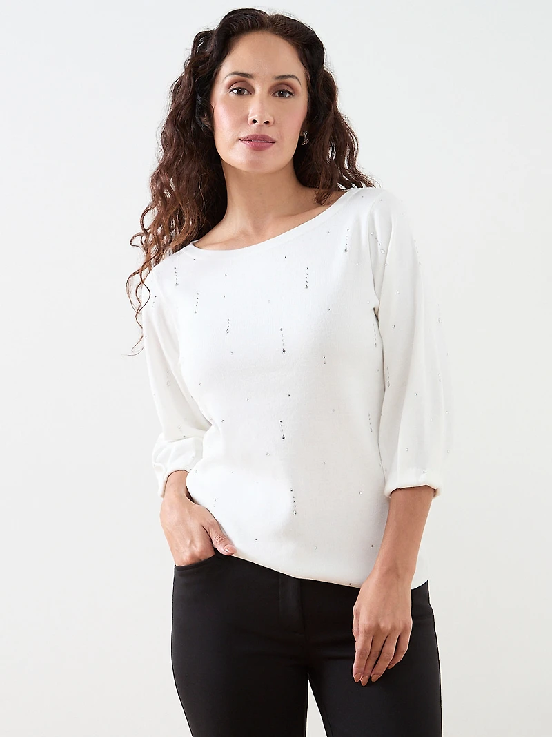 Petite 3/4 Sleeve Rhinestone Sweater