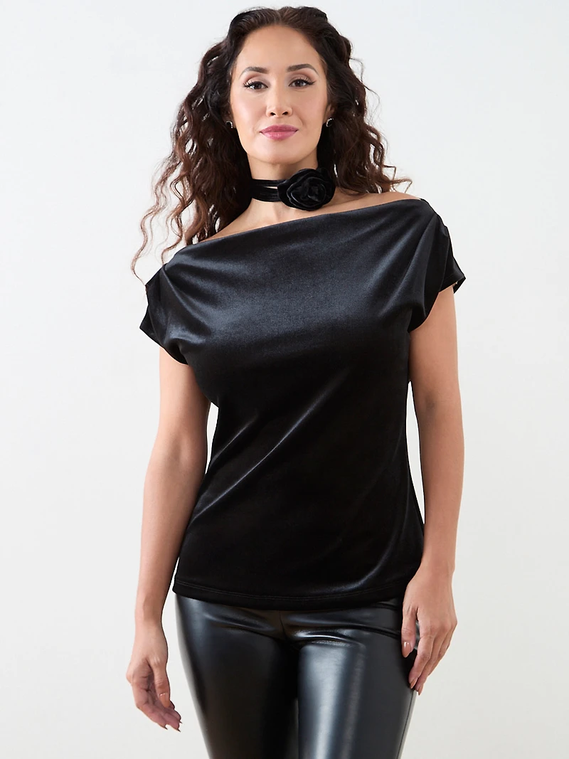 Petite Cap Sleeve Velvet Top with Choker