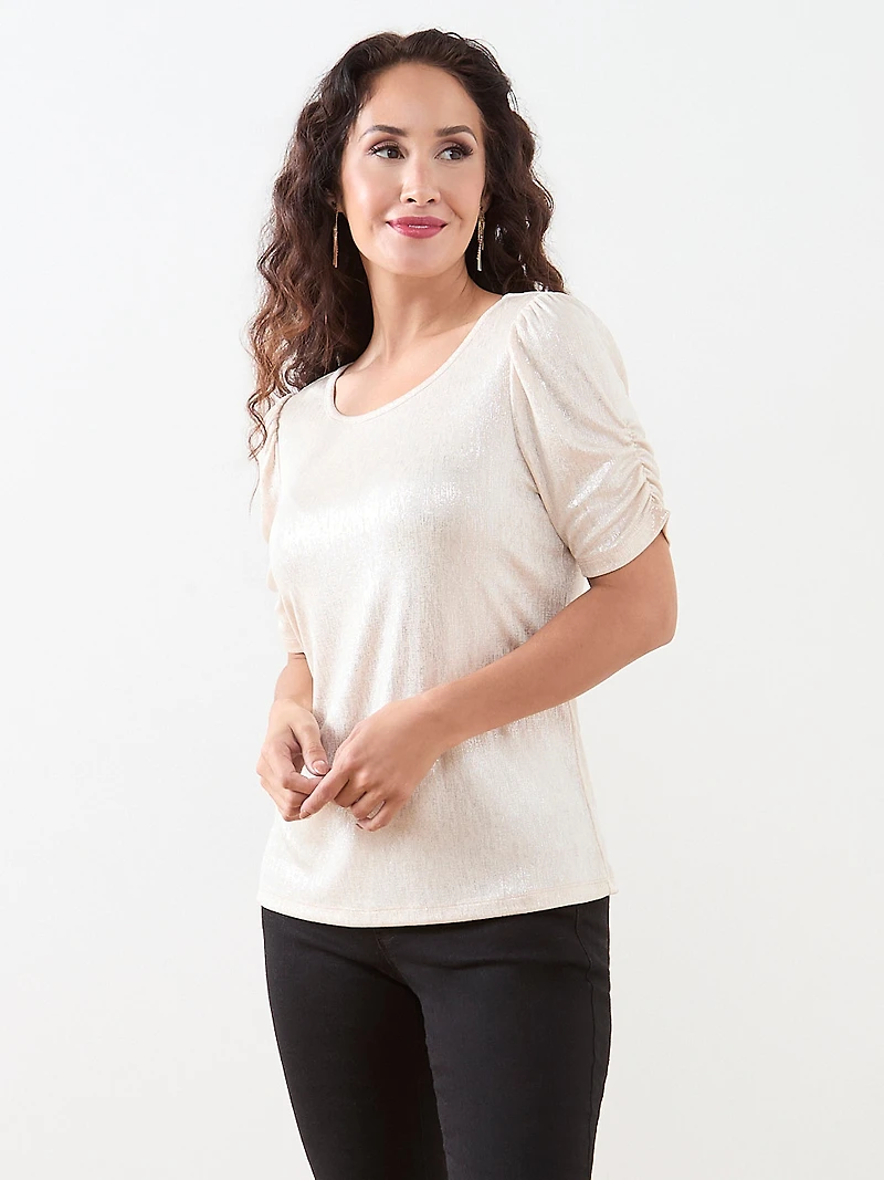 Petite Foil Print Top with Ruched Elbow Sleeves