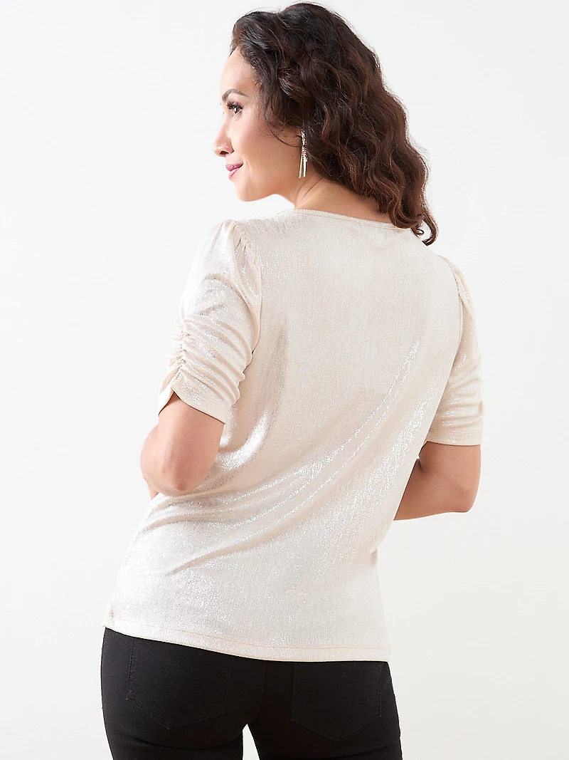 Petite Foil Print Top with Ruched Elbow Sleeves