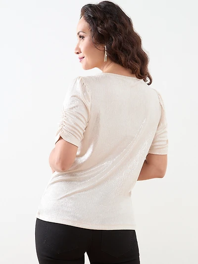 Petite Foil Print Top with Ruched Elbow Sleeves