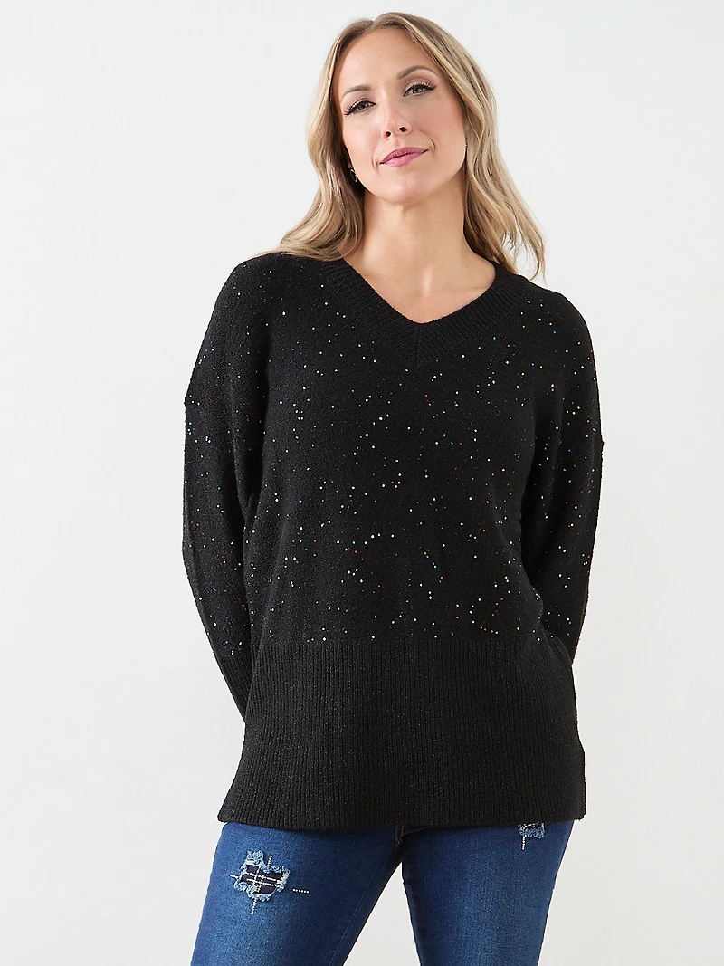 Petite Long Sleeve Mini Sequin V-Neck Tunic