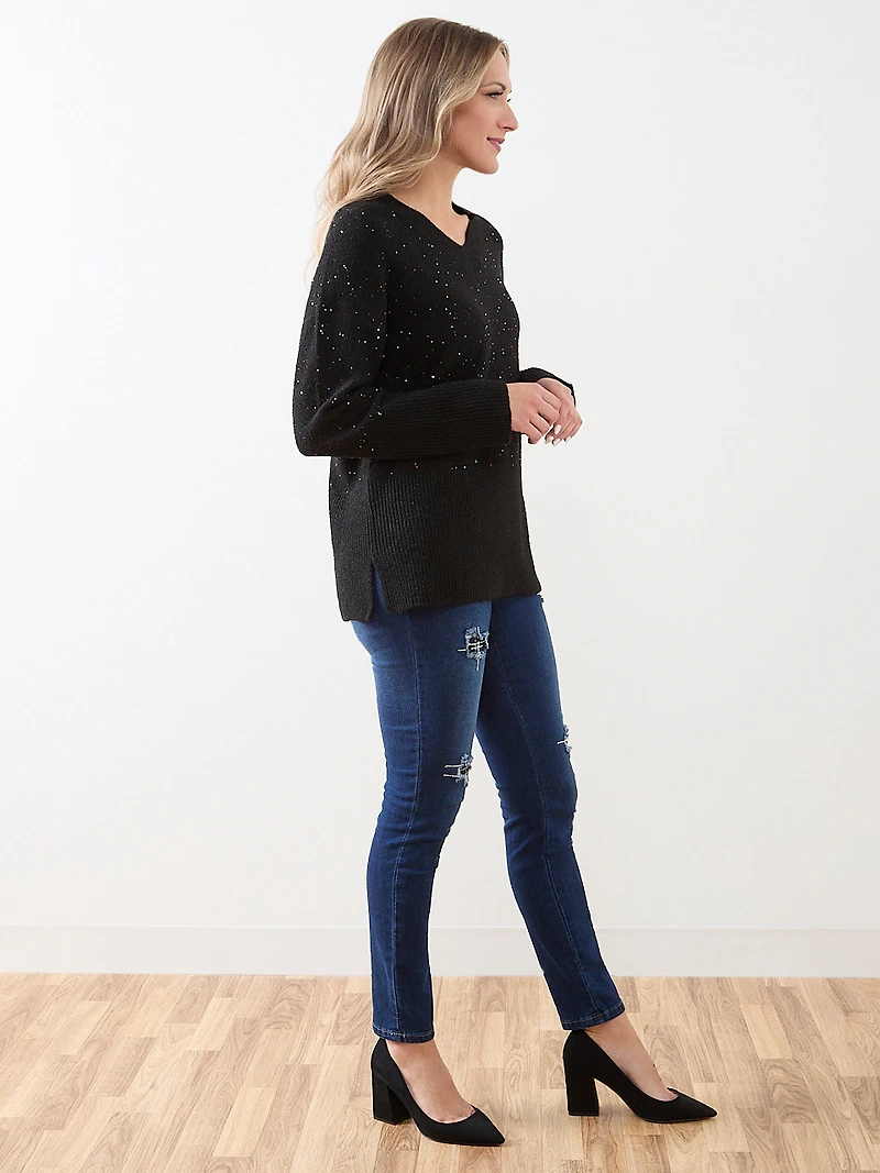 Petite Long Sleeve Mini Sequin V-Neck Tunic