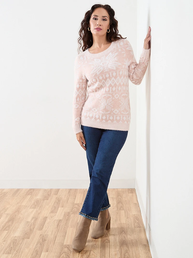 Petite Long Sleeve Snowflake Boatneck Sweater
