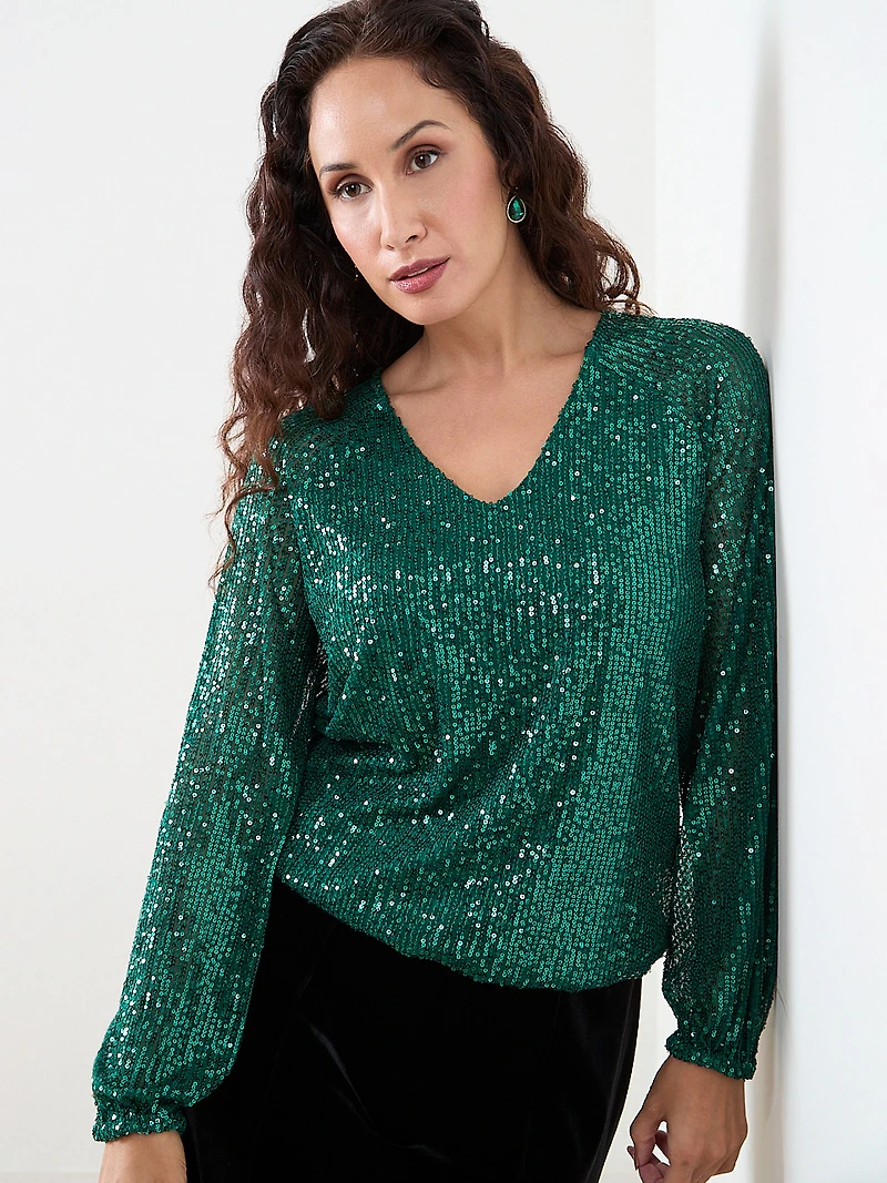 Petite Sequin V-Neck Bubble Hem Blouse