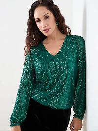 Petite Sequin V-Neck Bubble Hem Blouse