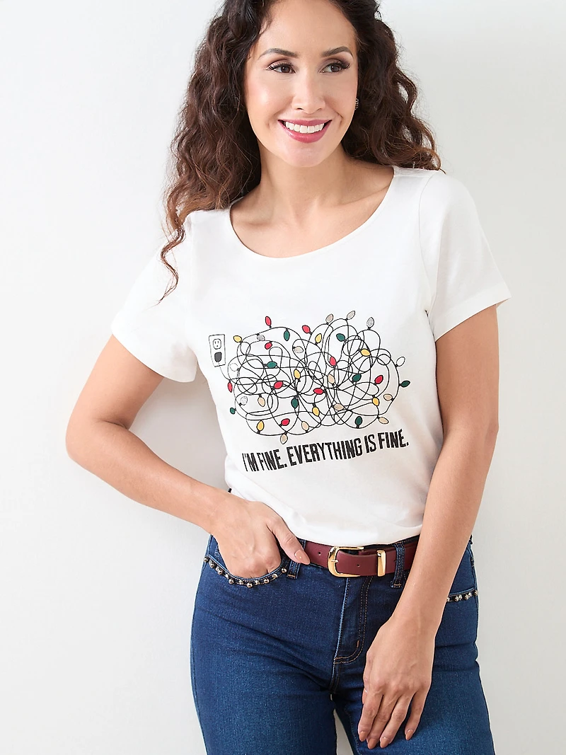 Petite Short Sleeve Holiday Tee with Christmas Lights